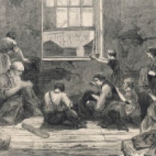 A group of men, women and children work as tailors in a slum apartment. They sit on the floor of a very bare room to sew. Date: 1863 Source: Unattributed engraving in Illustrated London News